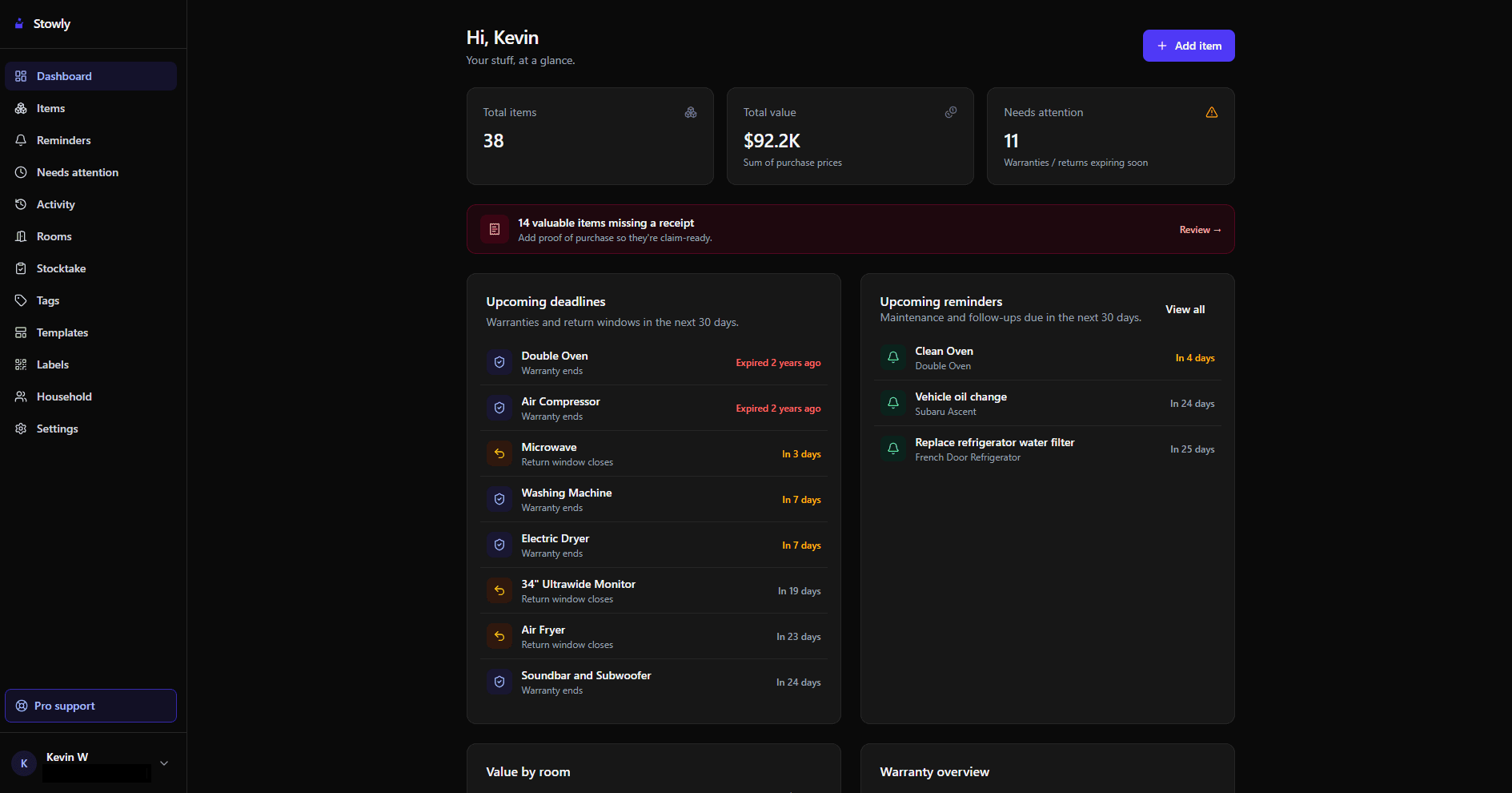 The Inventory Harbor dashboard populated with a real inventory — a total item count and total value, an alert flagging valuable items that are missing a receipt, a list of upcoming warranty and return-window deadlines, maintenance reminders, and value-by-room and warranty-overview panels.