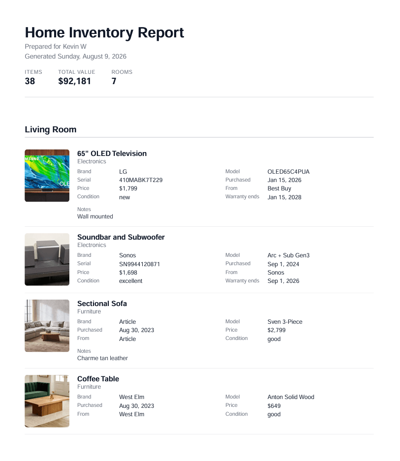 A sample insurance-ready PDF Inventory Harbor exports — a Home Inventory Report listing items by room with each item's photo, brand, serial number, price, and warranty dates, plus a total inventory value.